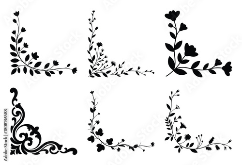 Set of six black floral and ornamental corner design elements for decorative frames