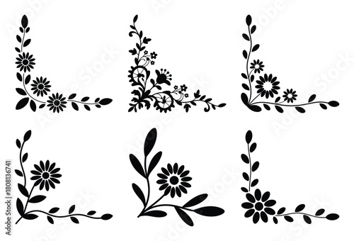 A set of black silhouette floral corner designs, elegant decorative flower borders vector.