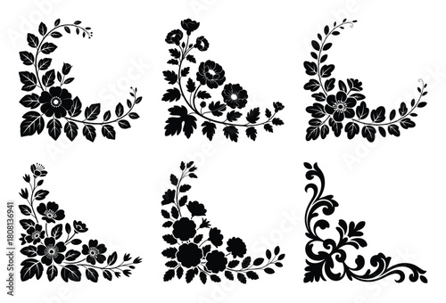 Collection of elegant black floral and ornamental corner design elements for decorations