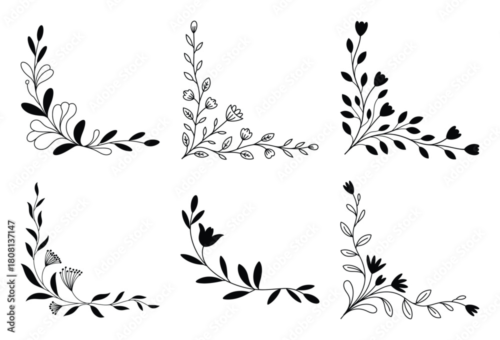 Obraz premium Elegant hand drawn black outline floral corner ornaments set, decorative design elements