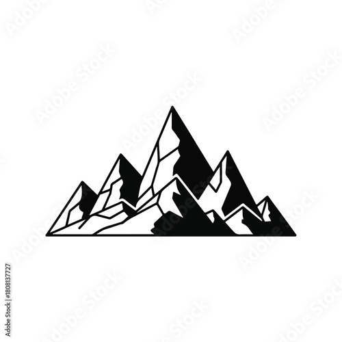 Monochrome illustration of a jagged mountain range, a simple vector icon representing nature, adventure, and the outdoors