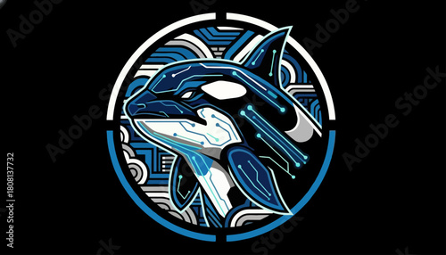A stylized, futuristic orca whale head with intricate blue and white circuitry patterns against a dark background.