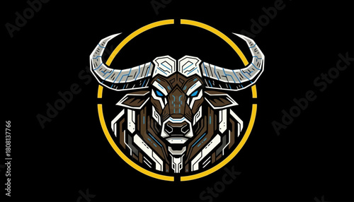 A stylized, robotic-looking buffalo head with striking blue eyes, enclosed within a yellow circle against a black background.