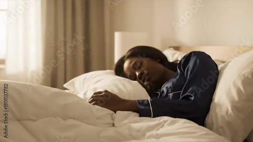 Black woman peacefully sleeping in bed, resting her head on soft pillows during a relaxing moment
