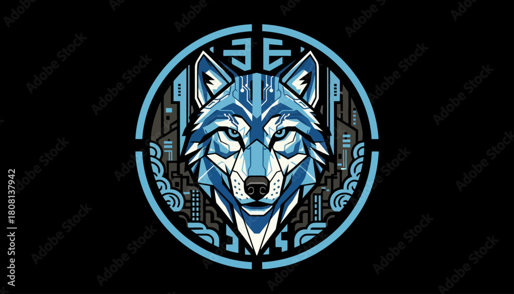 Obraz premium Stylized wolf head in a circular frame with geometric and tribal elements.