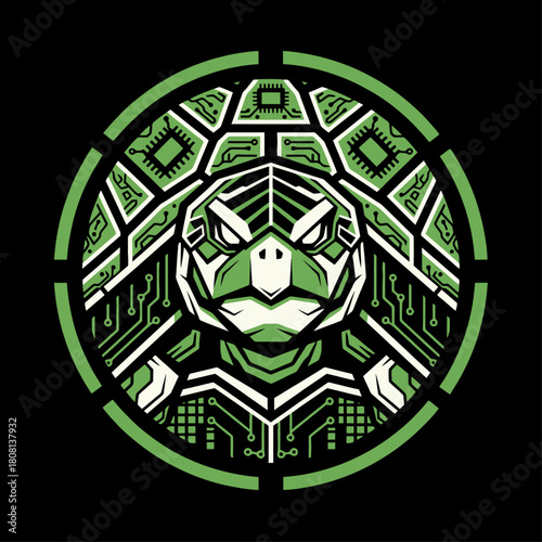 A powerful green cybernetic turtle emblem with intricate circuit board details on its shell.
