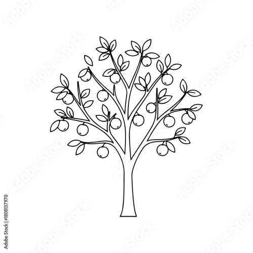 Outline of Apple Tree with Ripe Fruit and Leaves Illustration