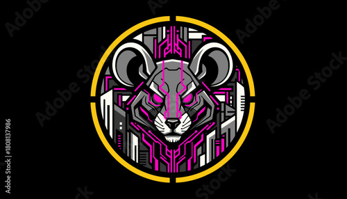 A stylized robotic mouse head with glowing pink eyes, set against a backdrop of futuristic city buildings.