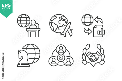 Set Of Global Business Icons. Outline Symbols Elements Collection.