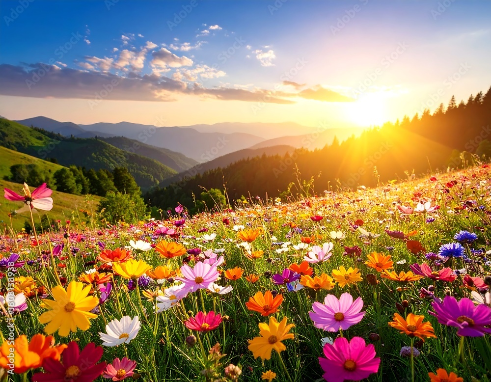 Fototapeta premium Sunny landscape of colorful flowers on a hillside, overlooking mountains