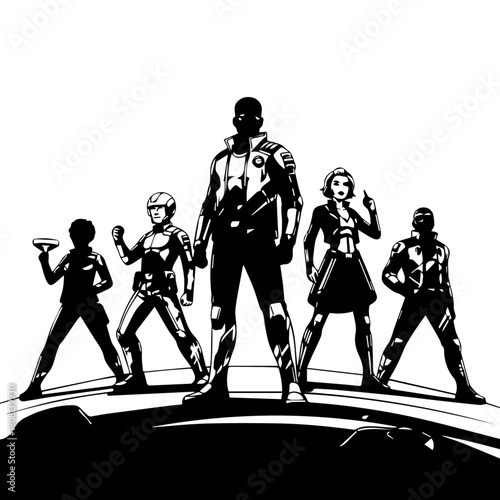 Silhouette of a powerful superhero team assembled on a distant planet, a black and white vector graphic showcasing unity and strength