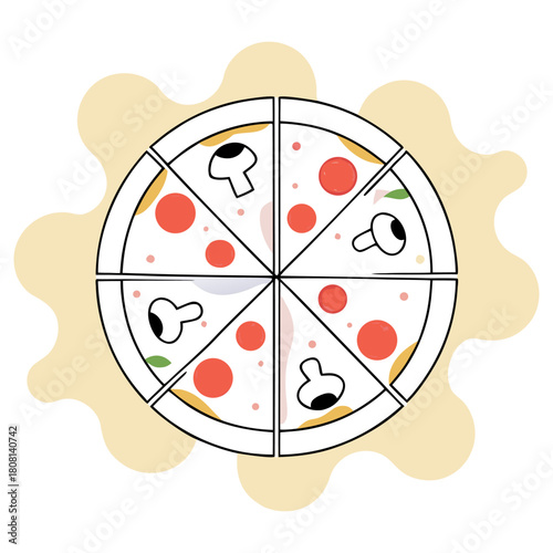 A pizza divided into eight slices with mushrooms and tomatoes on a light yellow background, perfect for a foodthemed design or menu illustration