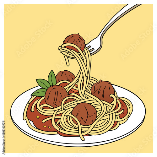 Delicious spaghetti with meatballs on a plate, served with a fork, showcasing italian cuisine and culinary delight, isolated on