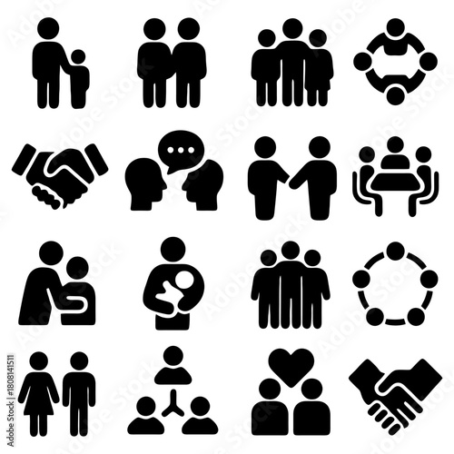 Social Connection: A visually striking collage of minimalistic icons, representing the essence of human bonds, cooperation, and social interactions, ideal for highlighting unity and togetherness.