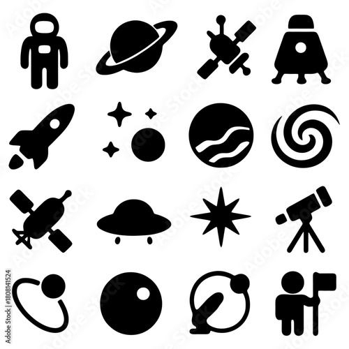Cosmic Icons: A collection of meticulously crafted, minimalistic black icons, each representing elements of space exploration and the vast universe.