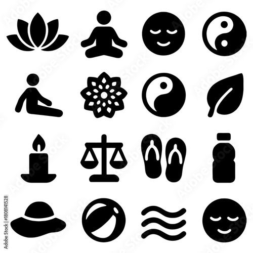 Wellness Icons: A collection of serene illustrations encapsulating various aspects of well-being, evoking feelings of balance, relaxation, and inner peace.