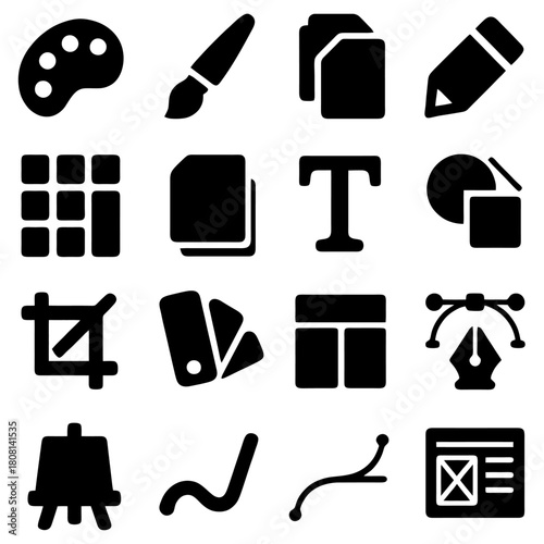 Artistic Toolbox: Collection of Icons: A graphic compilation showcasing artistic instruments, tools, and elements essential for digital design.