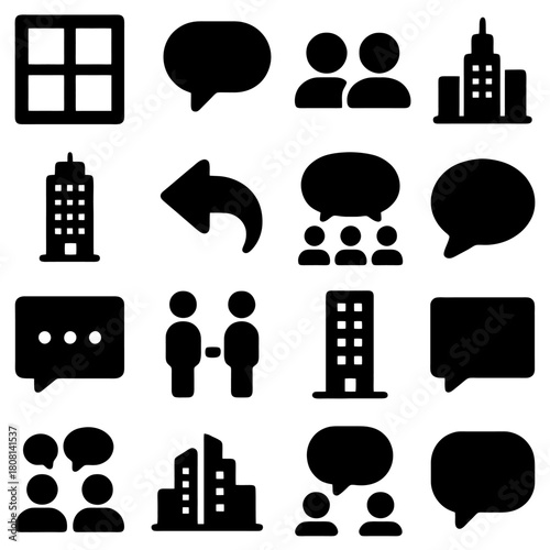 Icons of Communication and Connection: A collection of black and white icons representing essential elements of communication, collaboration, and urban landscapes.
