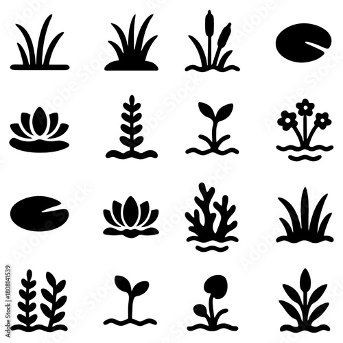 Aquatic Plants Icons: A curated collection of minimalistic icons representing various aquatic plants. perfect for botanical projects.