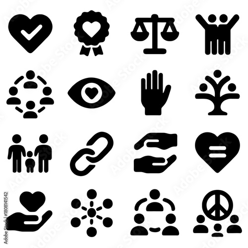 Unity and Harmony Icons: A collection of icons representing themes of peace, love, and connection, each design symbolizes the power of togetherness and equity. 