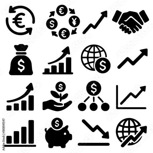 Financial Icons: A set of financial icons symbolizing global commerce, economic growth, and wealth accumulation, rendered in a simple yet impactful design style.