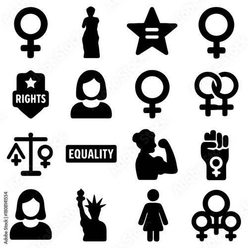 Symbols of empowerment: An array of bold, minimalist icons representing women's rights, strength, and equality.