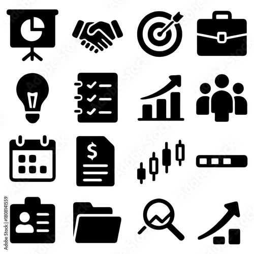 Business Icons: An array of vector icons, illustrating diverse facets of business strategy, representing concepts such as collaboration, and achievement.