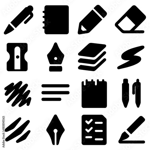 Essential Stationery Essentials: A collection of meticulously rendered stationery items in minimalist design, showcasing a set of iconic writing and drawing tools