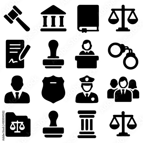 Symbols of Justice and Order: A collection of symbolic icons representing the pillars of justice, law, and legal processes, including scales, gavel, book, and courthouse.