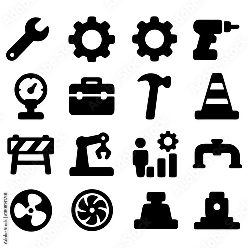 Industrial Icons: A collection of various icons representing the tools of trade and industrial processes, ideal for illustrating concepts related to manufacturing, engineering, and construction.