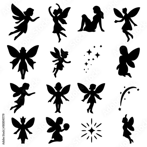 Whimsical Fairy Silhouette Collection: A collection of enchanting silhouettes of fairies, each captured in unique poses and expressions, conjuring a sense of wonder and fantasy.