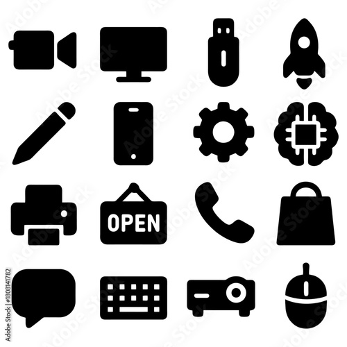 Digital Toolkit: A collection of essential digital tools, including a video camera, monitor, USB flash drive, rocket, and more, all ready to empower and inform.