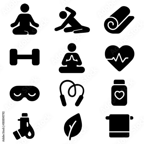 Wellness Icon Set: A selection of stylish, simple icons encapsulates the essence of holistic wellness, representing various activities and items related to health, fitness, and relaxation.