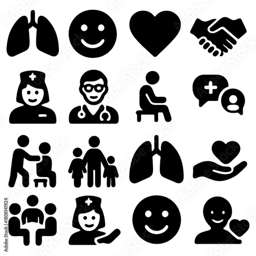 Health Icon Collection: A set of health-related icons, each representing an aspect of well-being, including organs, emotions, and interactions.