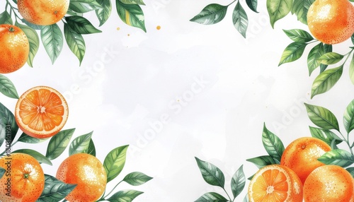 Artistic watercolor illustration of a citrus fruit frame with ripe oranges and vibrant green leaves on a white background