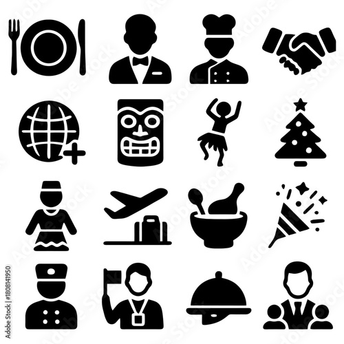 Culinary and Cultural Icons: A collection of black icons representing food service, tourism, and various cultural elements, ideal for diverse applications.