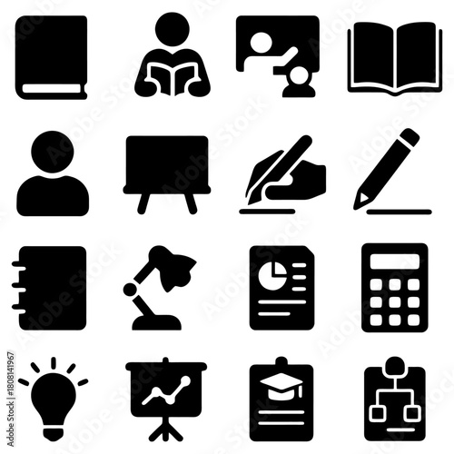 Education and Knowledge Icons: A collection of black and white icons representing educational elements. Perfect for educational, learning, or business-related projects.