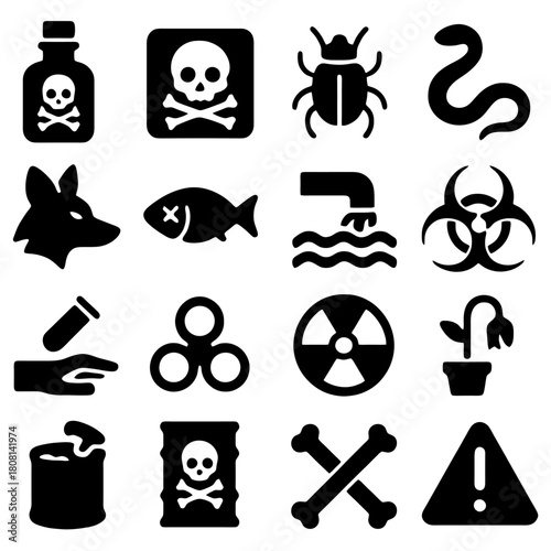 Danger Icons: A comprehensive set of black and white icons illustrates a range of dangers, from hazardous substances to environmental threats, presenting a clear and concise visual guide.