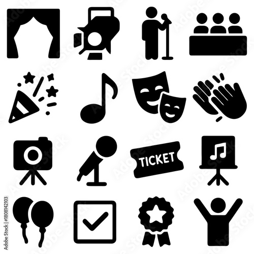 Event Icons Set: A collection of meticulously crafted, elegant black icons symbolizing various elements of event organization and showmanship.