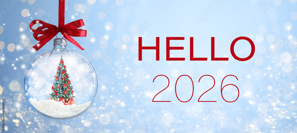 Obraz premium Merry Christmas and Happy New Year! Hello 2026, festive ornament and bokeh lights on card