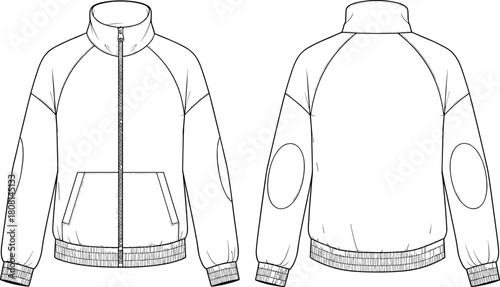 Technical jacket flat sketch with zipper front, raglan sleeves and patch details, cad drawing flat vector illustration for apparel design