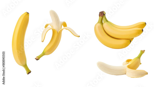 Vector illustration of fresh ripe yellow bananas, including a whole, peeled, and a bunch, isolated on transparent background 