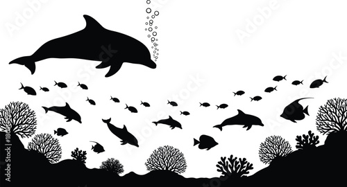 Underwater ocean life silhouette scene featuring dolphins, fish, coral reef elements, marine wildlife swimming in deep sea environment, detailed vector illustration, black and white design