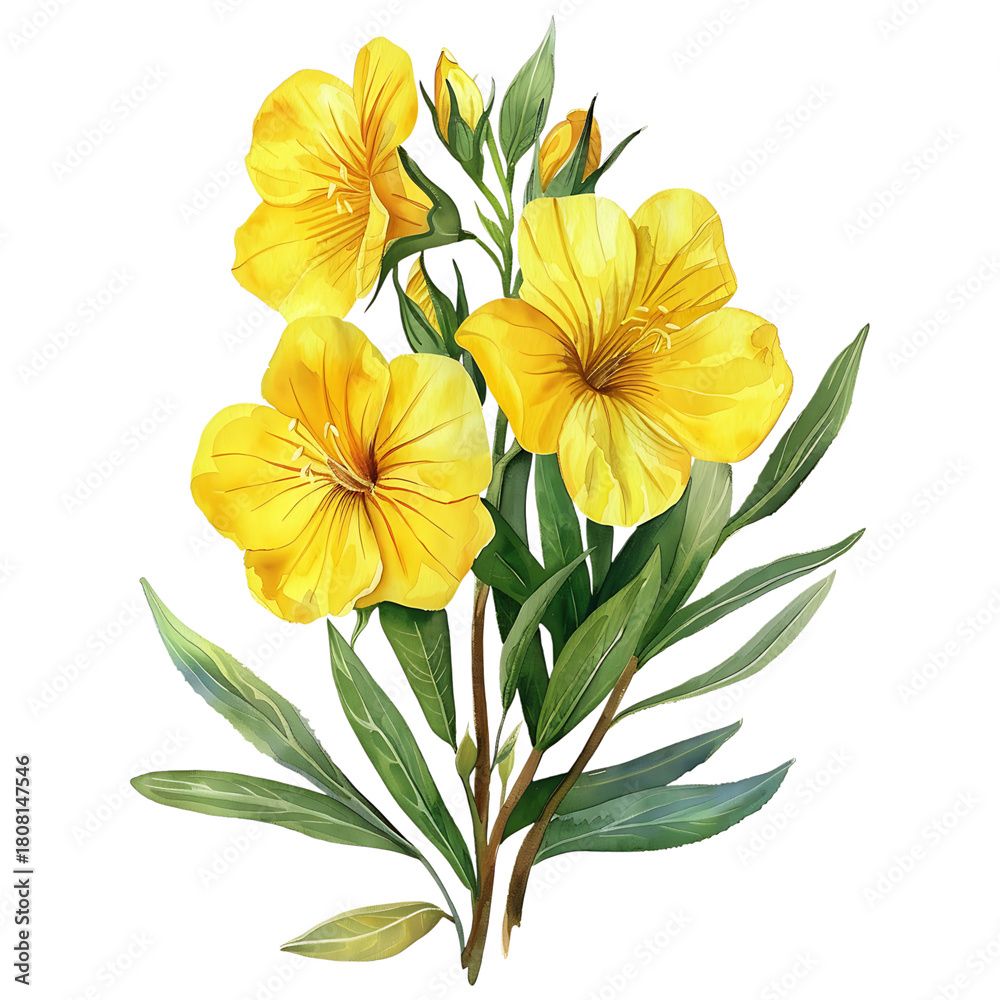 Fototapeta premium Watercolor Yellow Evening Primrose Flowers and Buds on transparent background