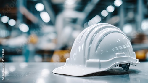 White protective headgear rests on a metallic surface within an industrial facility