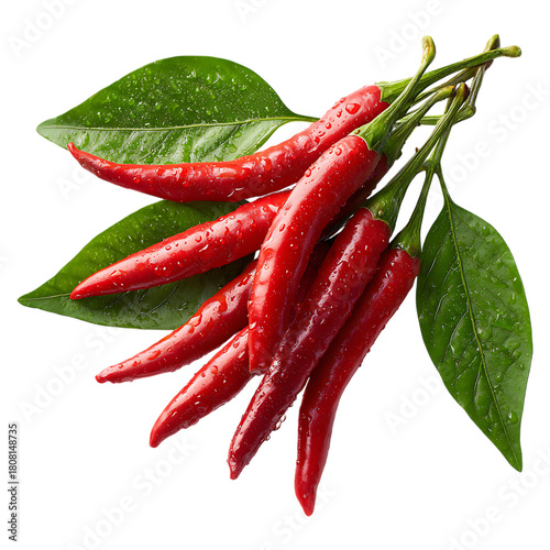 Wet red chili peppers with leaves on transparent background