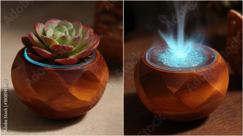 Dual presentation shows a wooden decorative sphere functioning as a planter and an illuminated humidifier
