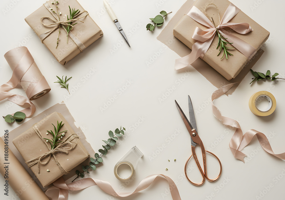 Obraz premium Gift wrapping supplies flatlay