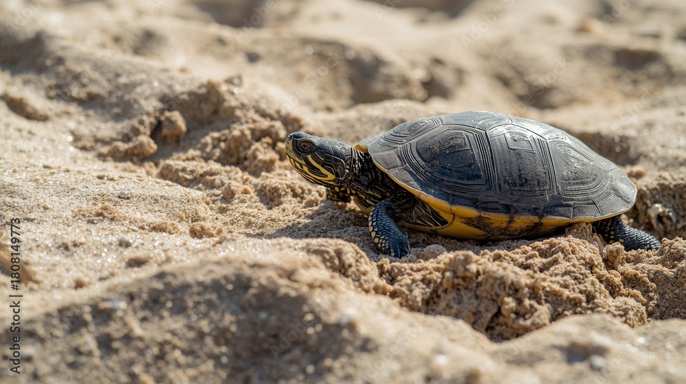 Obraz premium A turtle leisurely rests on a sandy beach under bright daylight, showcasing its textured shell.