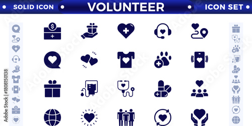  Volunteer solid icon set. Charity and Volunteering solid style of philanthropic icons: almsgiving, helping those in need, donation, contribution, humanism, altruism 